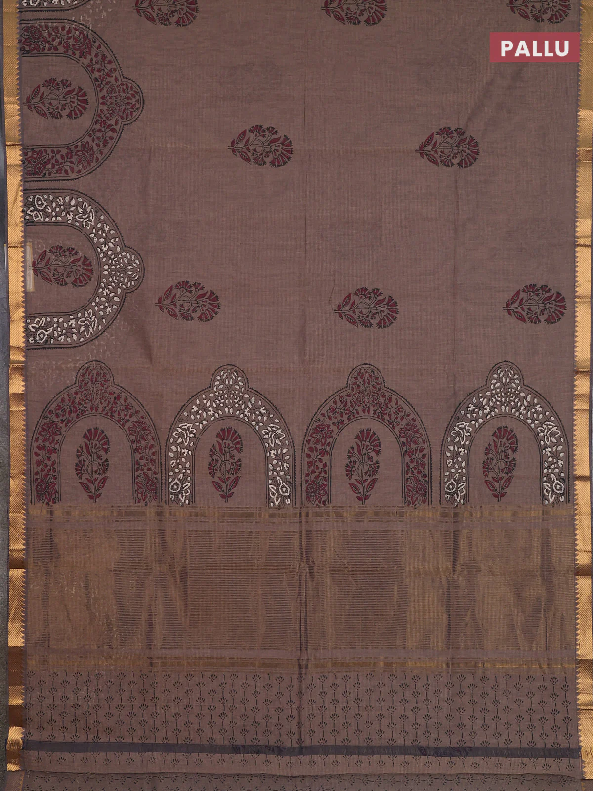 Mangalagiri cotton block printed saree pastel brown with butta prints and mangalgiri border - Image 3