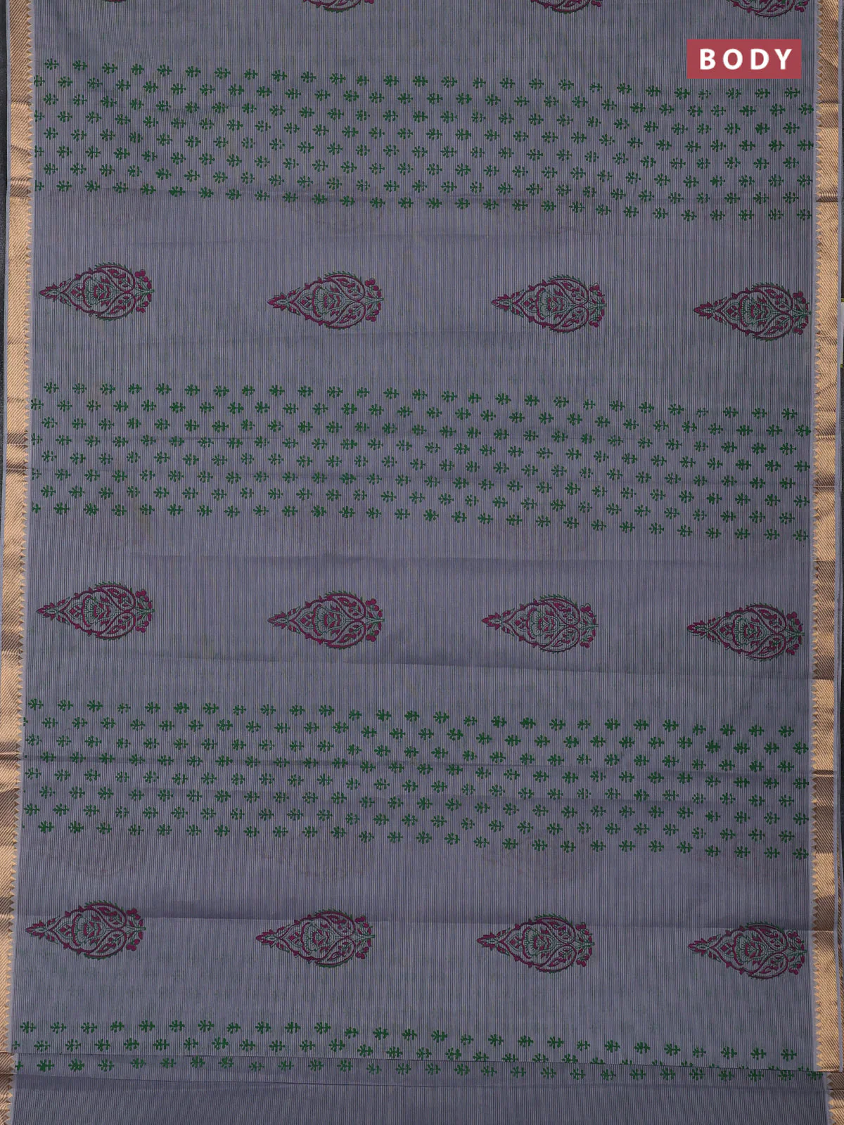 Mangalagiri cotton block printed saree pastel grey with allover butta prints and mangalgiri border - Image 2