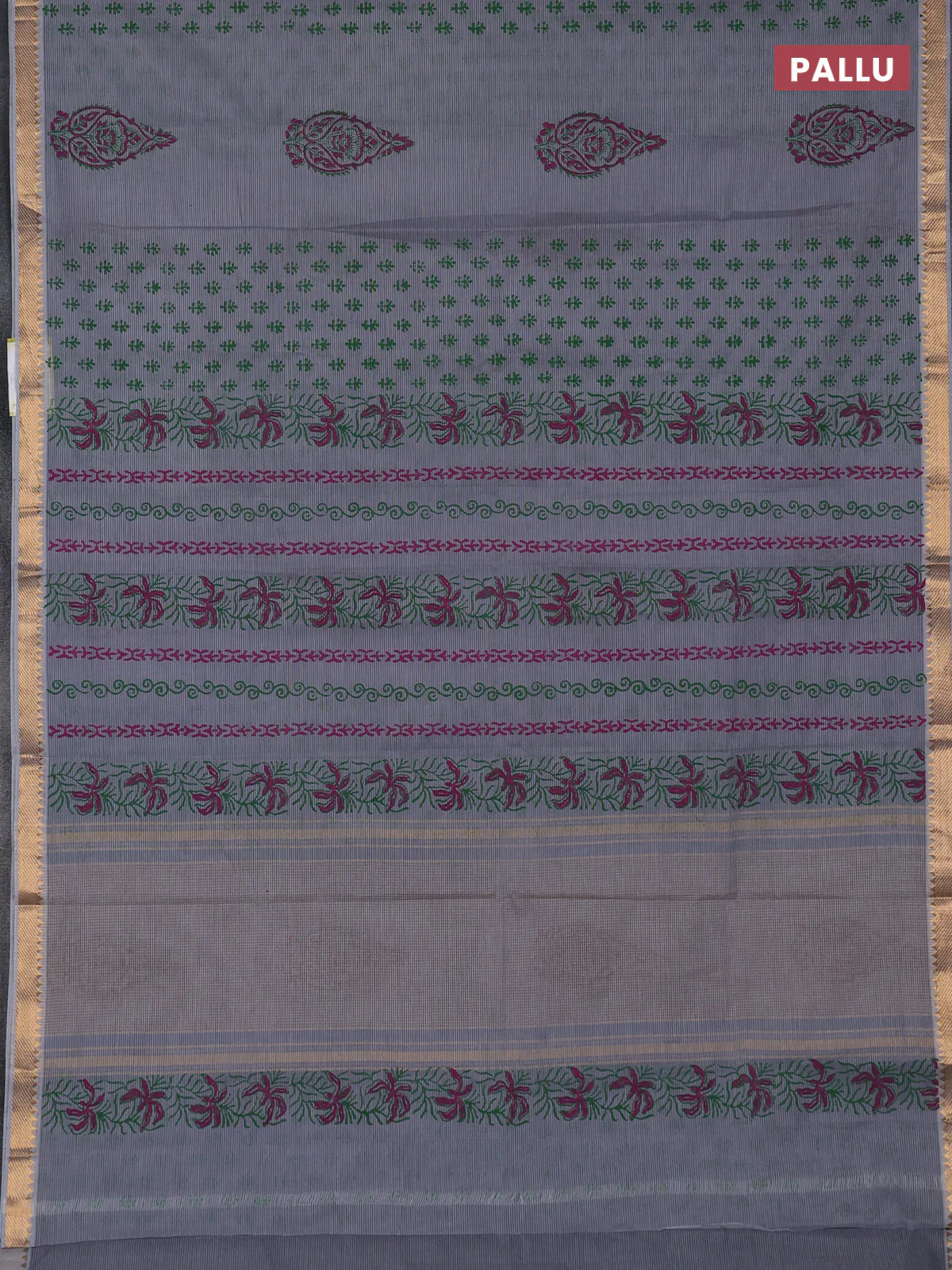 Mangalagiri cotton block printed saree pastel grey with allover butta prints and mangalgiri border - Image 3
