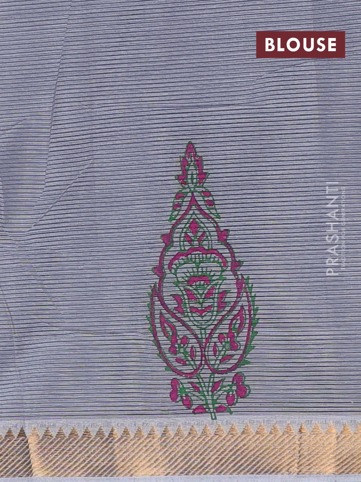Mangalagiri cotton block printed saree pastel grey with allover butta prints and mangalgiri border - Image 4