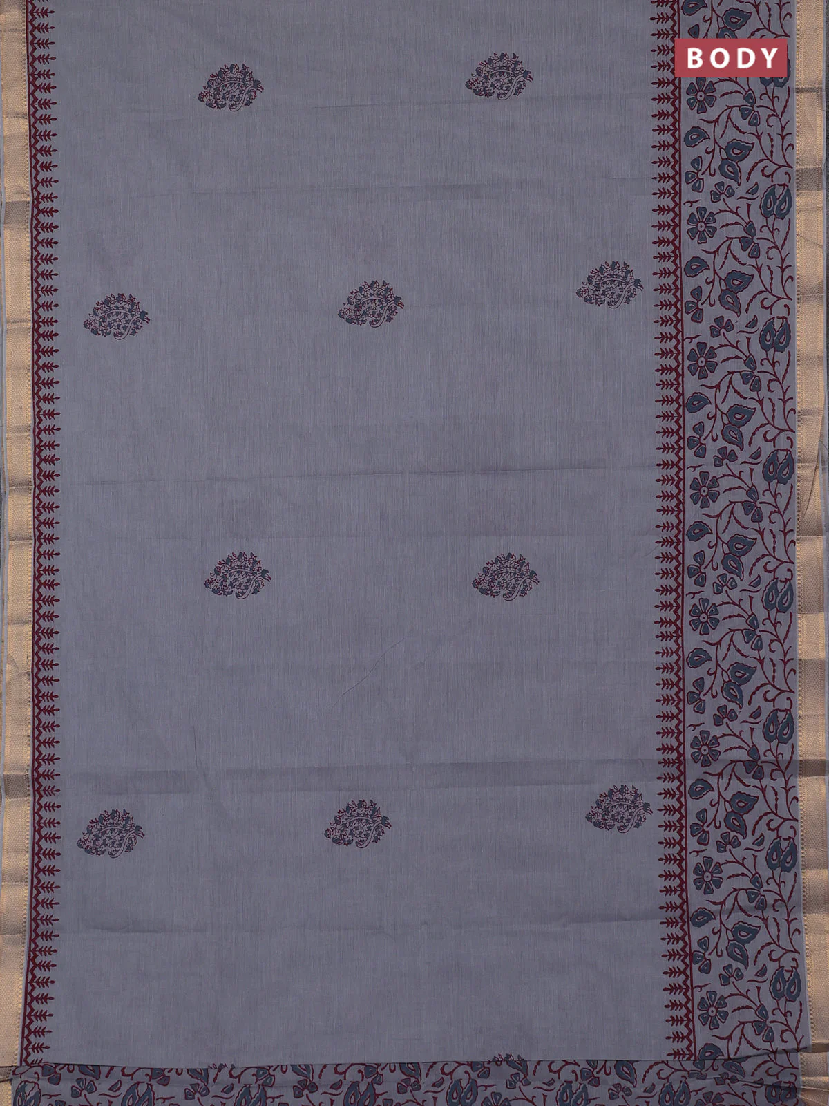 Mangalagiri cotton block printed saree pastel grey with butta prints and mangalgiri border - Image 2