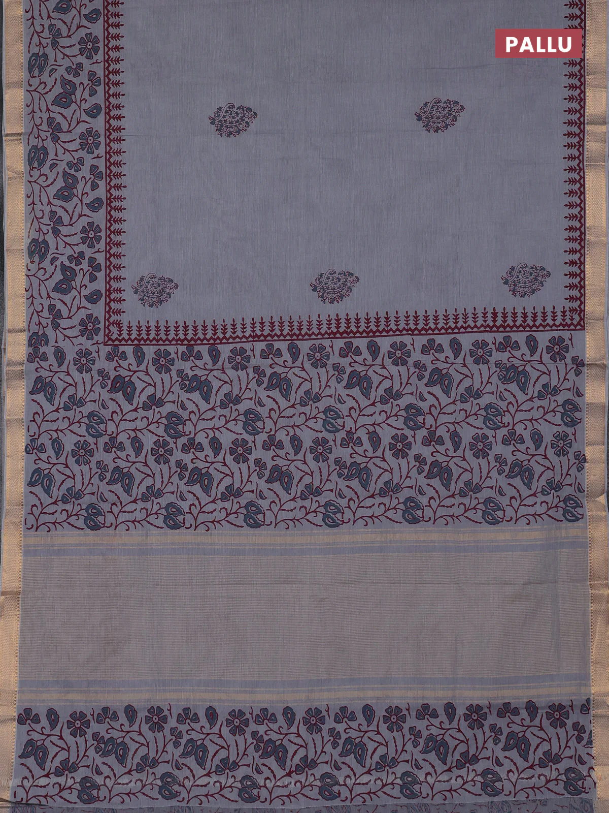 Mangalagiri cotton block printed saree pastel grey with butta prints and mangalgiri border - Image 3
