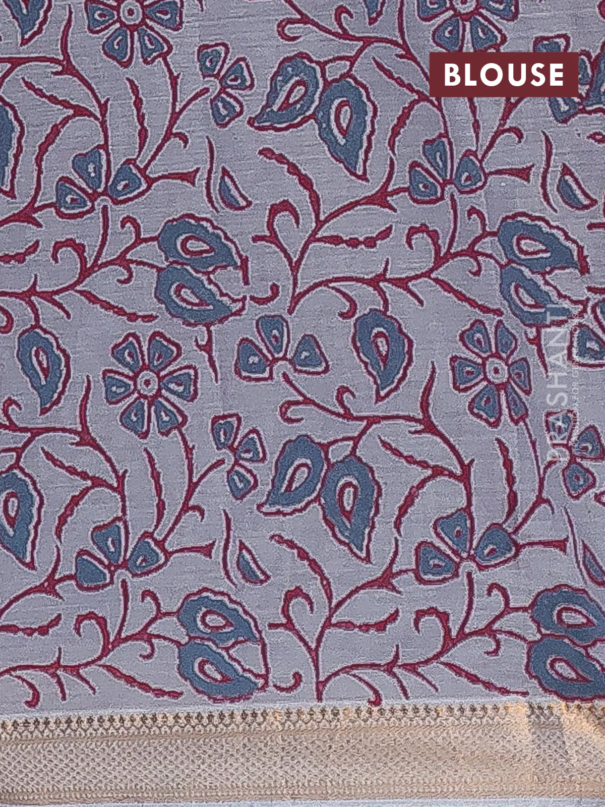 Mangalagiri cotton block printed saree pastel grey with butta prints and mangalgiri border - Image 4