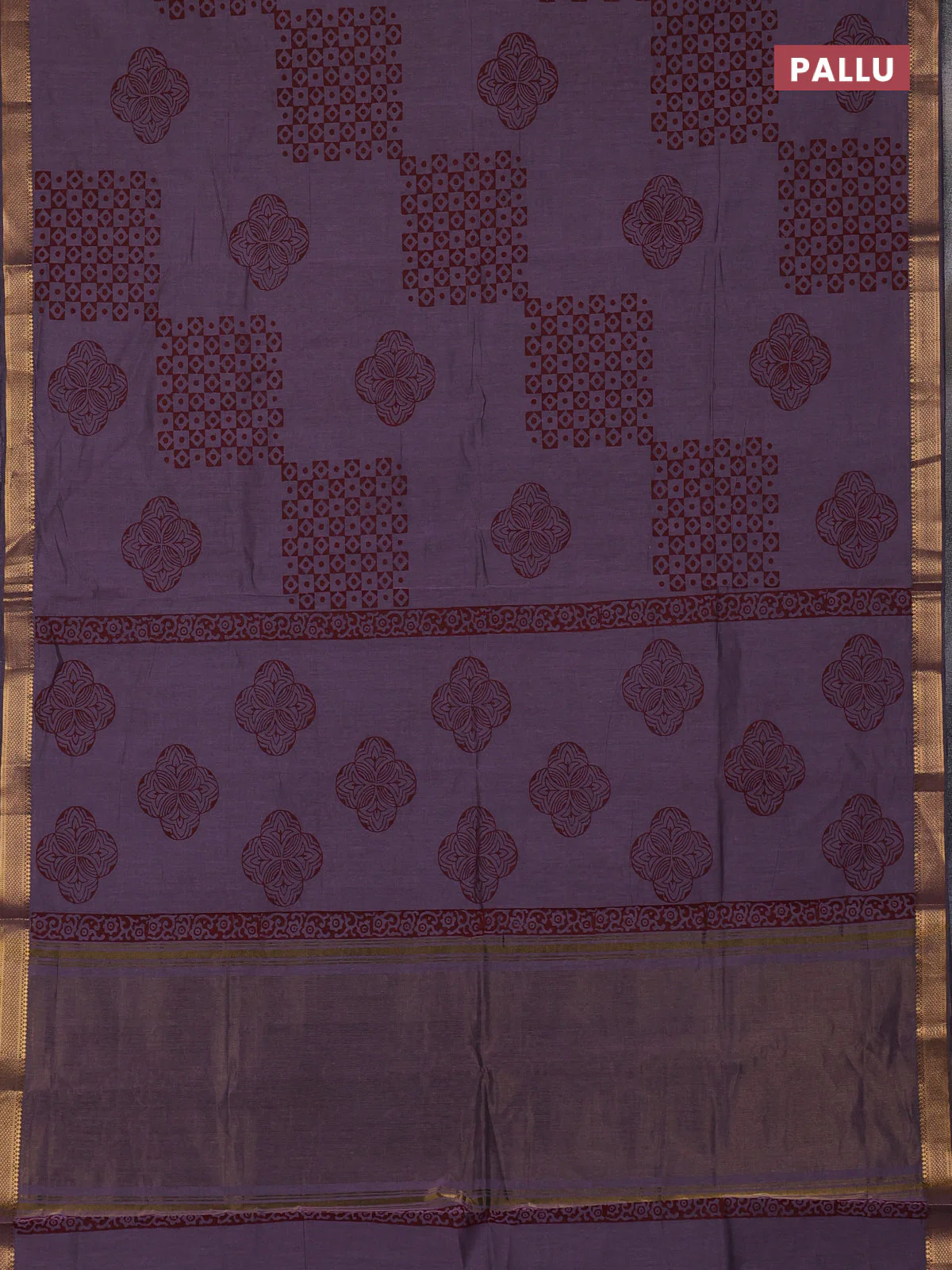 Mangalagiri cotton block printed saree pastel purple with allover prints and mangalgiri border - Image 3