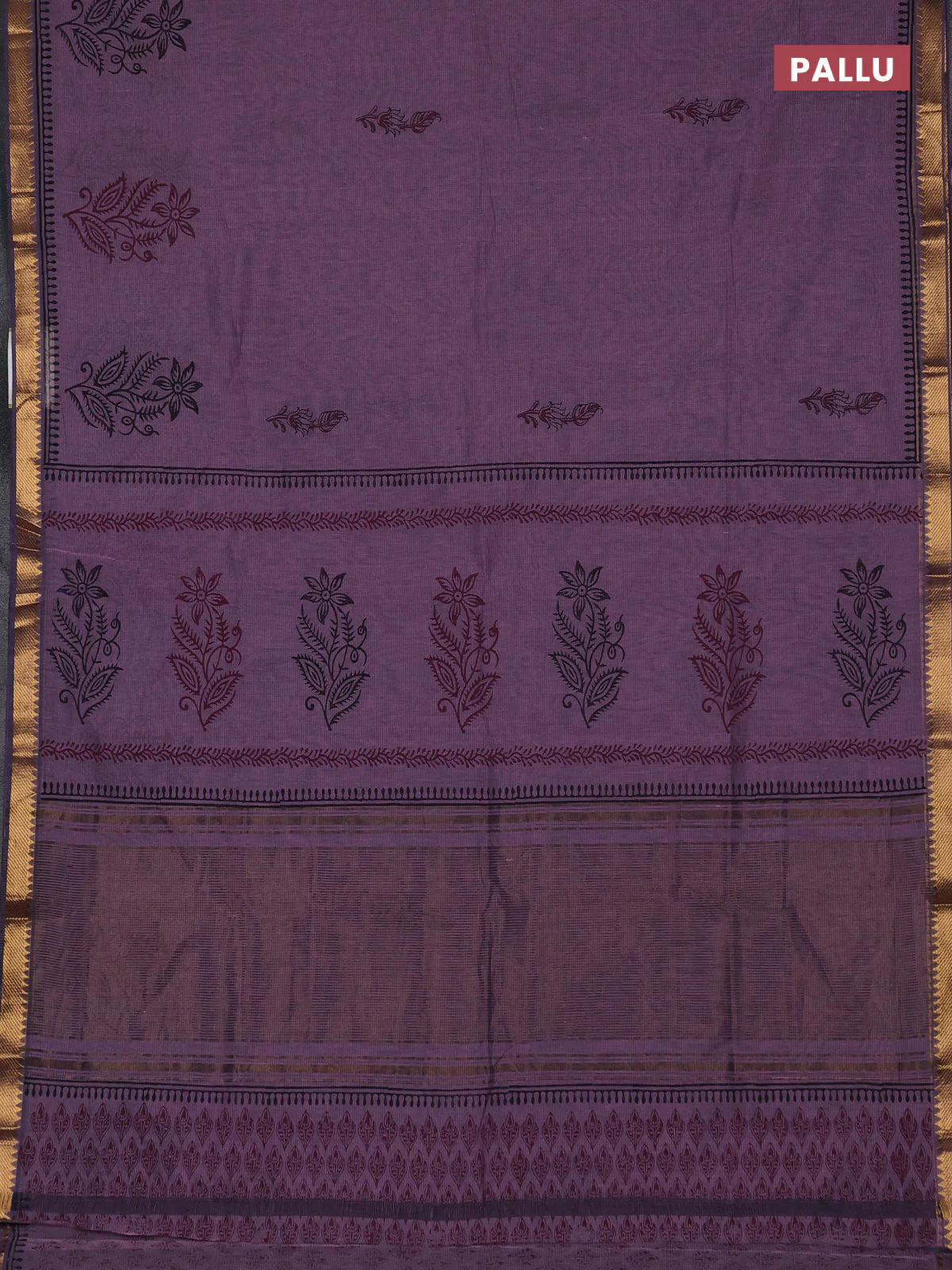 Mangalagiri cotton block printed saree pastel purple with butta prints and mangalgiri border - Image 3