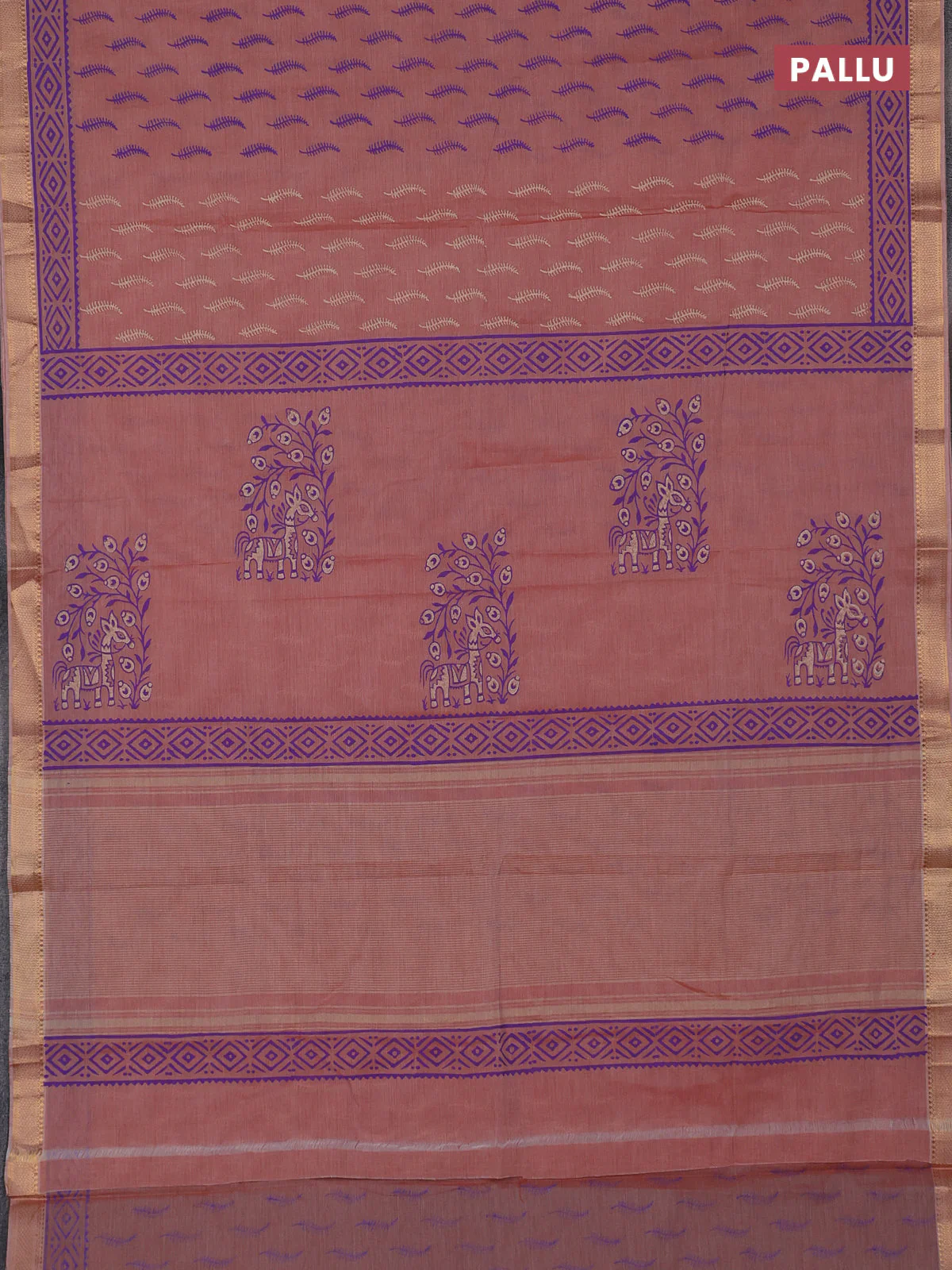 Mangalagiri cotton block printed saree peach shade with allover butta prints and mangalgiri border - Image 3