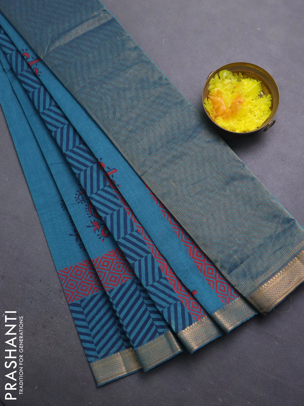 Mangalagiri cotton block printed saree peacock blue shade with butta prints and mangalgiri border