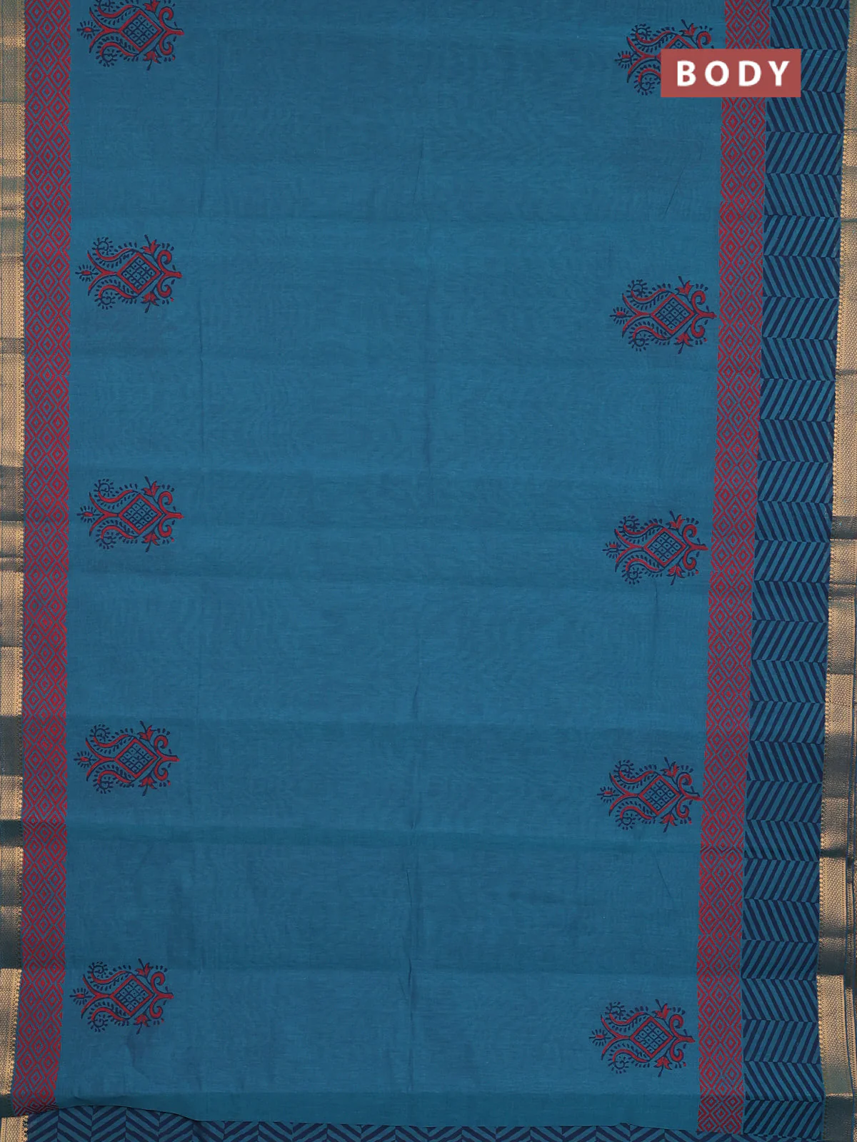 Mangalagiri cotton block printed saree peacock blue shade with butta prints and mangalgiri border - Image 2