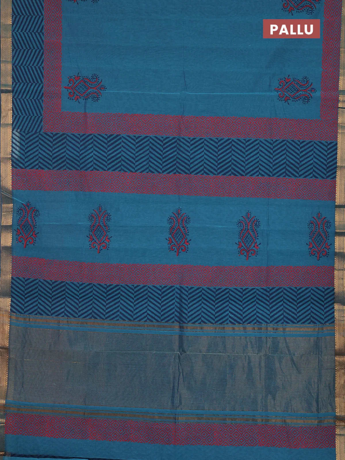 Mangalagiri cotton block printed saree peacock blue shade with butta prints and mangalgiri border - Image 3