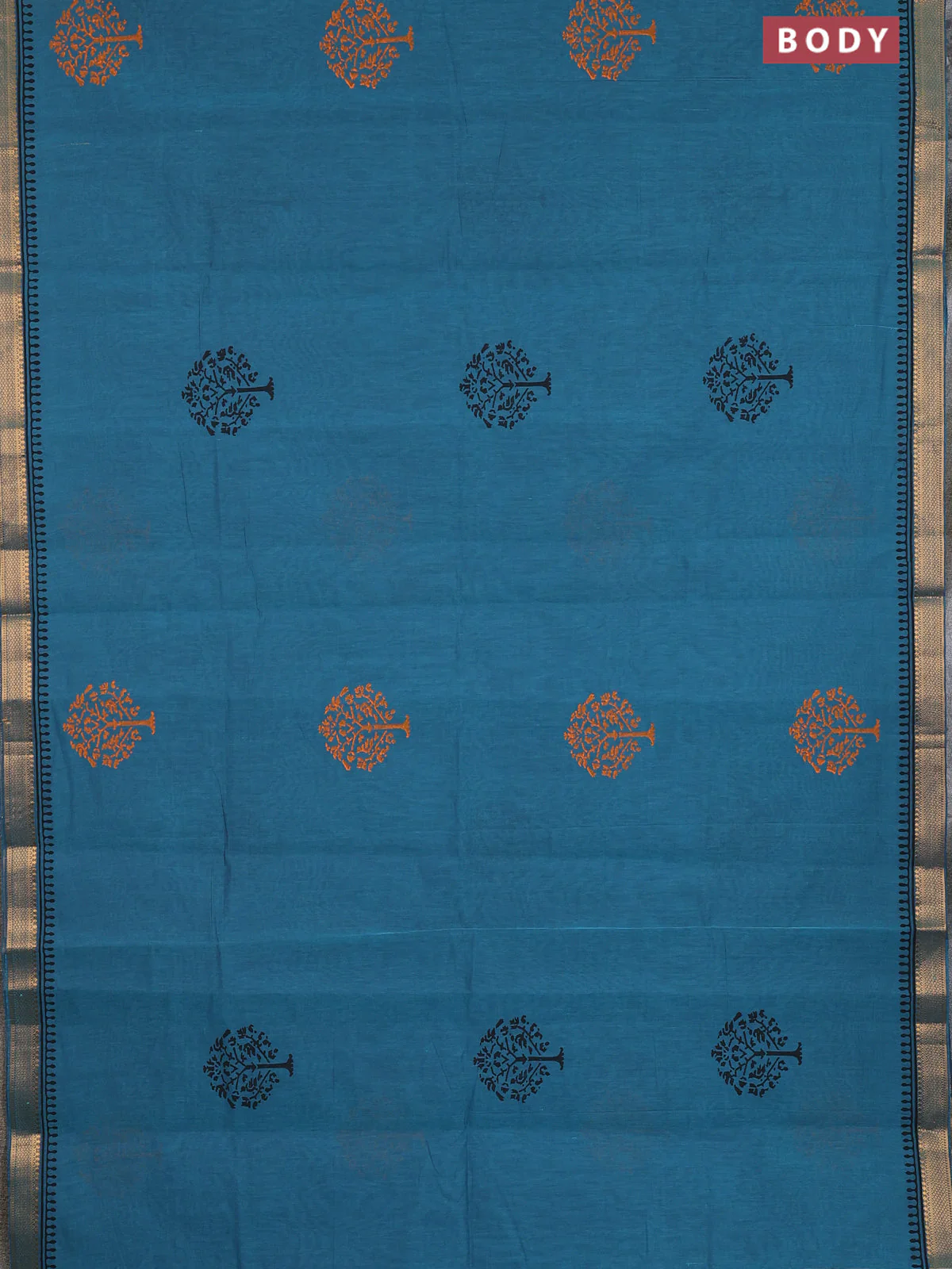 Mangalagiri cotton block printed saree peacock blue with butta prints and mangalgiri border - Image 2