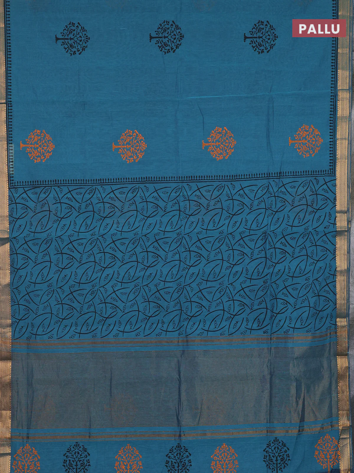 Mangalagiri cotton block printed saree peacock blue with butta prints and mangalgiri border - Image 3