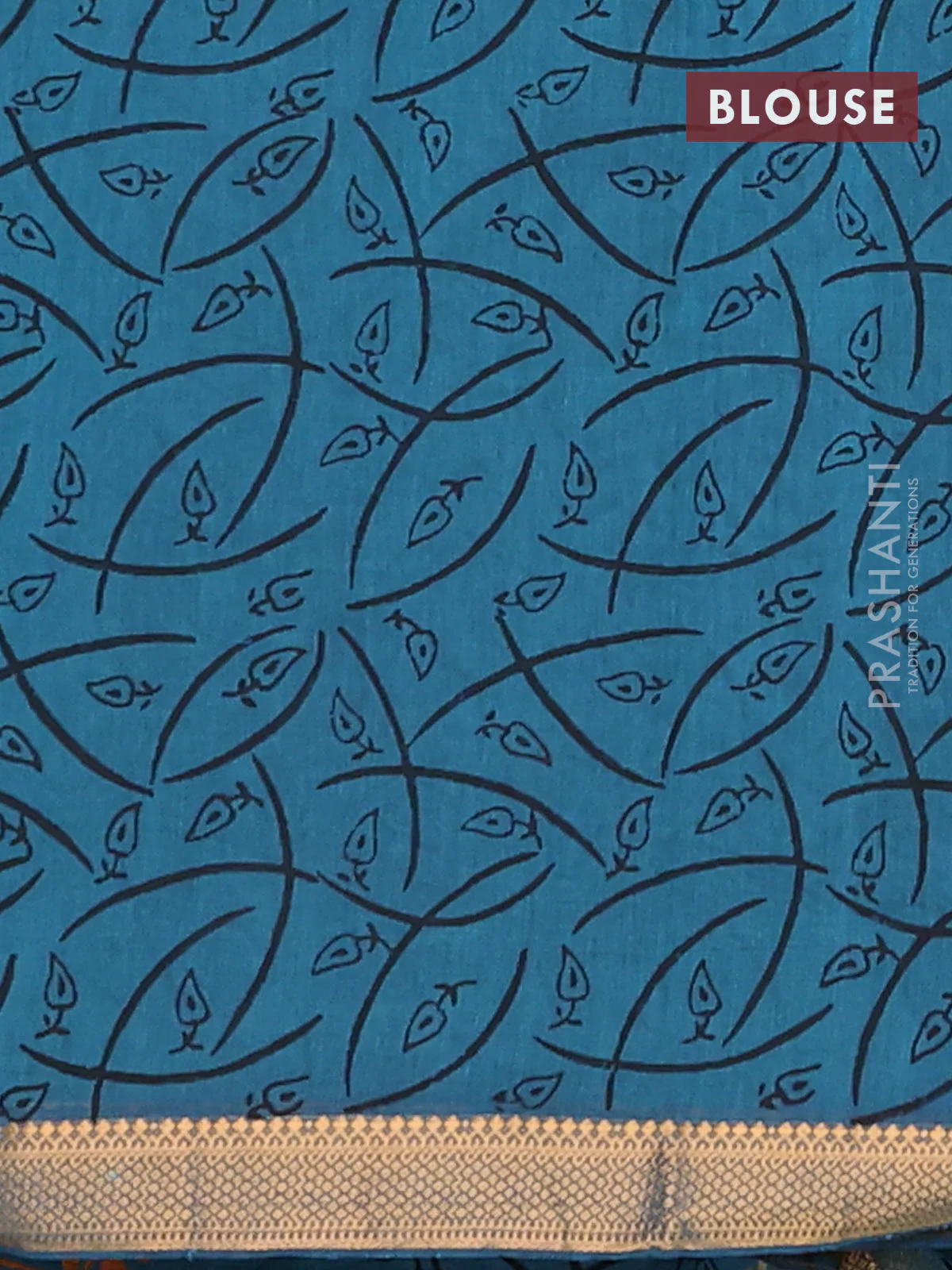 Mangalagiri cotton block printed saree peacock blue with butta prints and mangalgiri border - Image 4