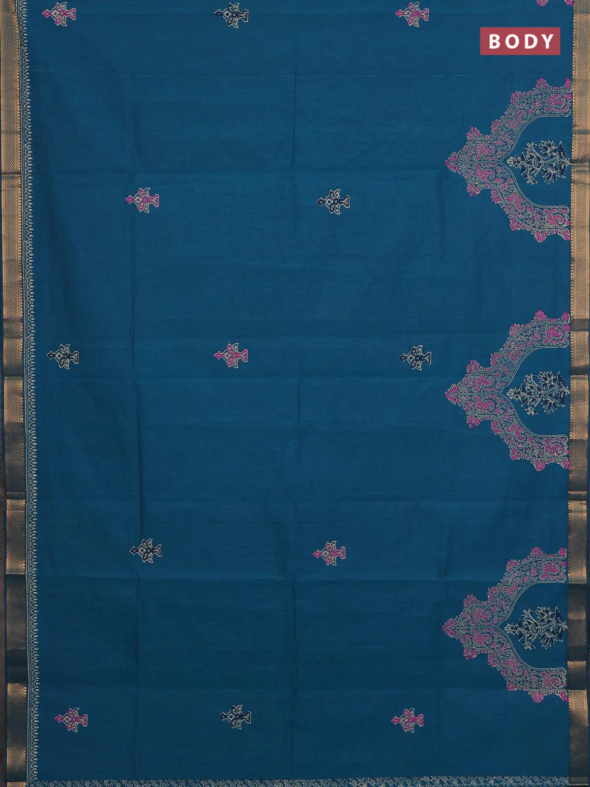 Mangalagiri cotton block printed saree peacock blue with butta prints and mangalgiri border - Image 2