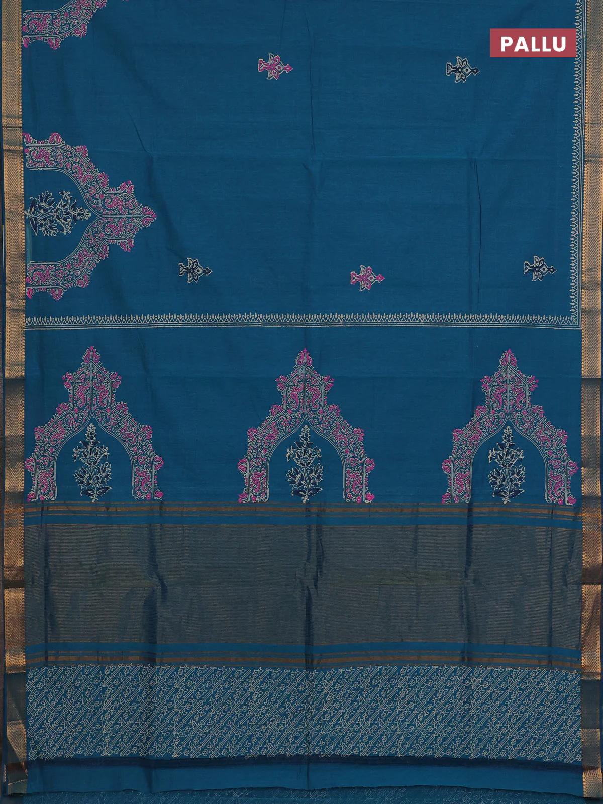 Mangalagiri cotton block printed saree peacock blue with butta prints and mangalgiri border - Image 3