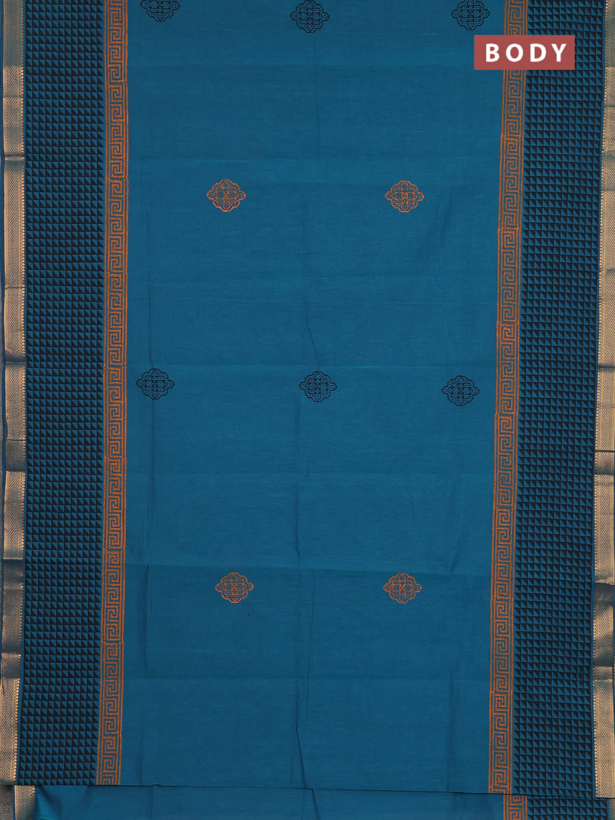 Mangalagiri cotton block printed saree peacock green shade with butta prints and mangalgiri border - Image 2