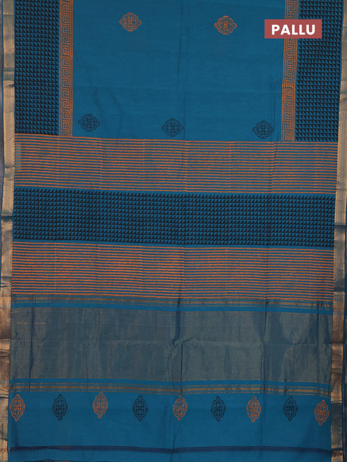 Mangalagiri cotton block printed saree peacock green shade with butta prints and mangalgiri border - Image 3