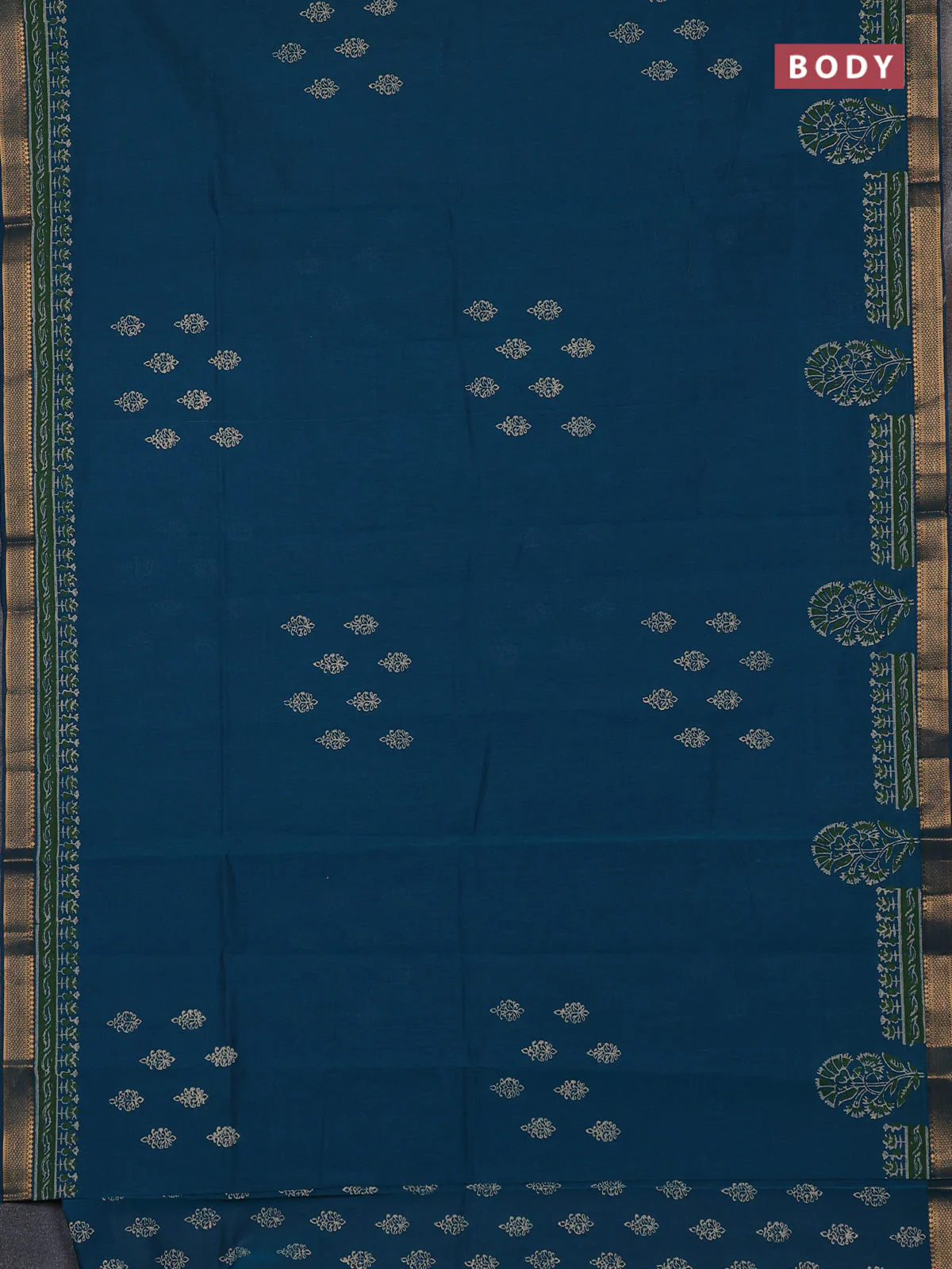 Mangalagiri cotton block printed saree peacock green with allover butta prints and mangalgiri border - Image 2
