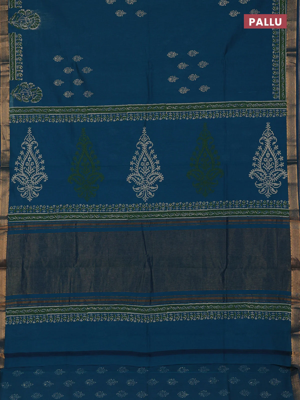 Mangalagiri cotton block printed saree peacock green with allover butta prints and mangalgiri border - Image 3