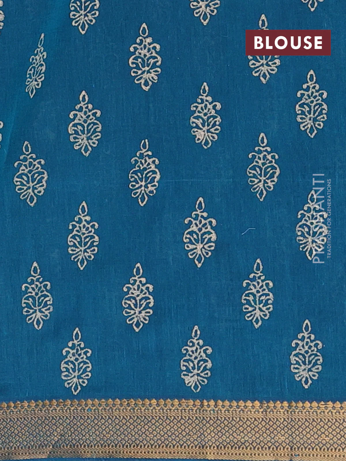 Mangalagiri cotton block printed saree peacock green with allover butta prints and mangalgiri border - Image 4