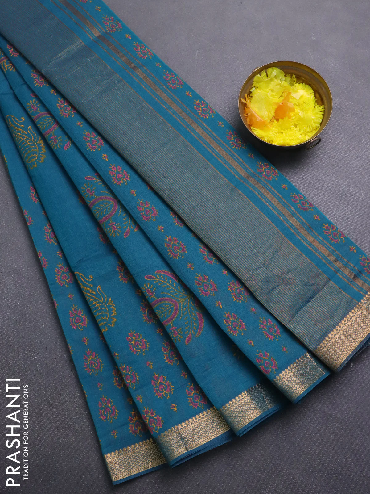 Mangalagiri cotton block printed saree peacock green with allover butta prints and mangalgiri border