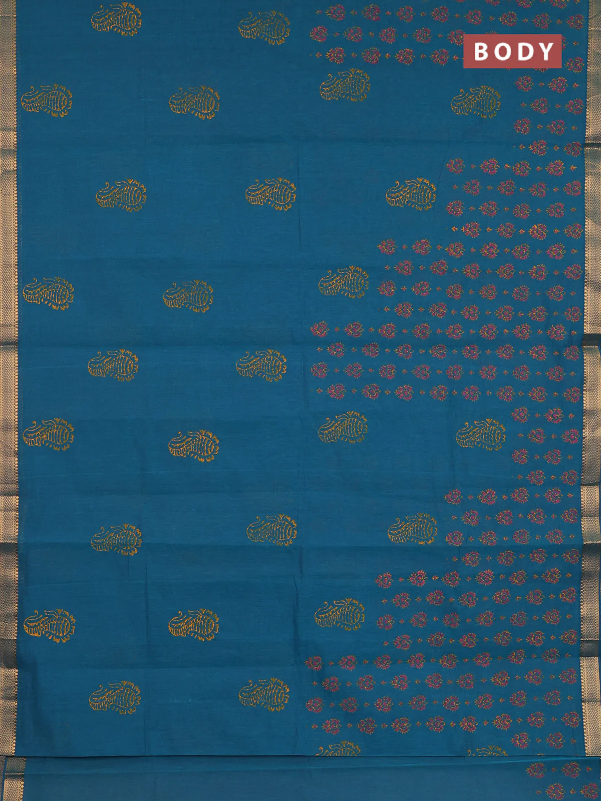 Mangalagiri cotton block printed saree peacock green with allover butta prints and mangalgiri border - Image 2