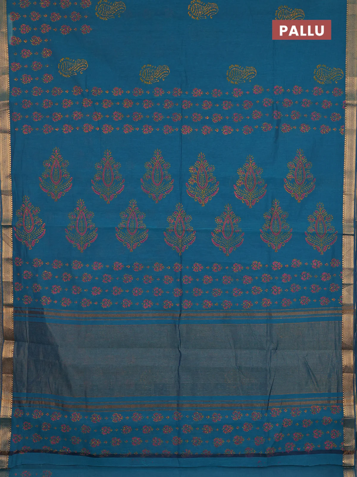 Mangalagiri cotton block printed saree peacock green with allover butta prints and mangalgiri border - Image 3