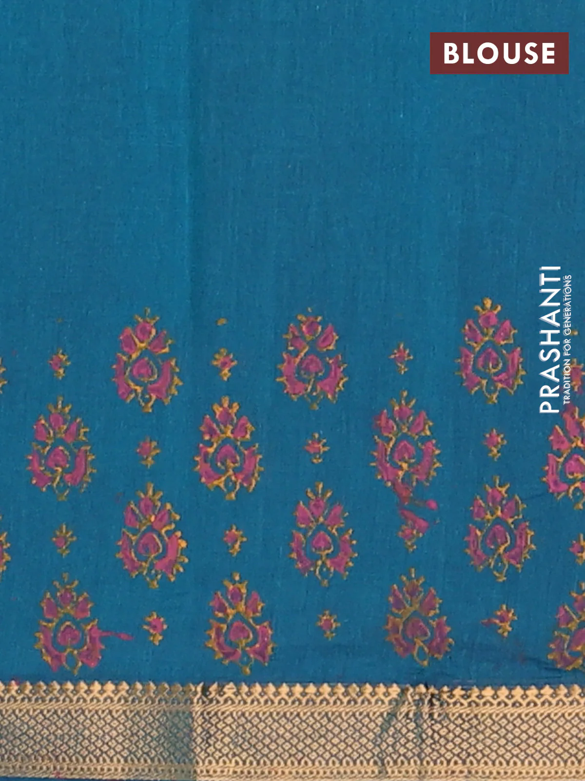 Mangalagiri cotton block printed saree peacock green with allover butta prints and mangalgiri border - Image 4
