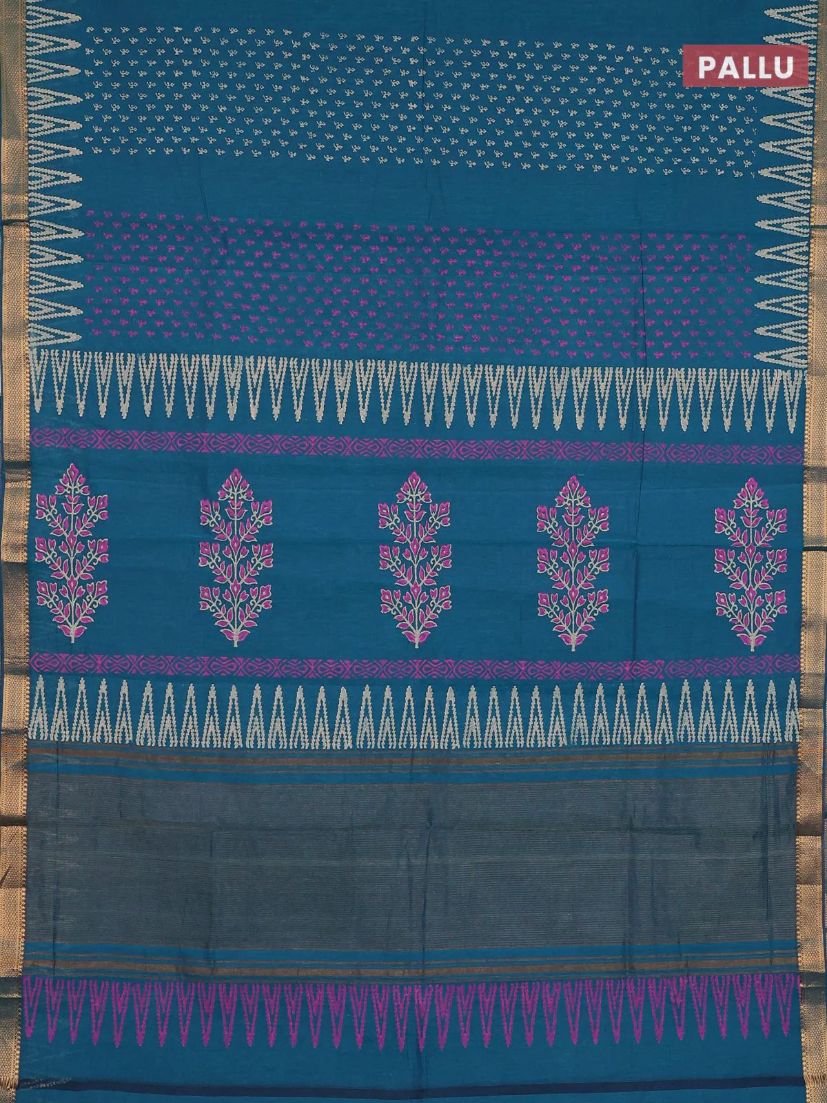 Mangalagiri cotton block printed saree peacock green with allover prints and mangalgiri border - Image 3