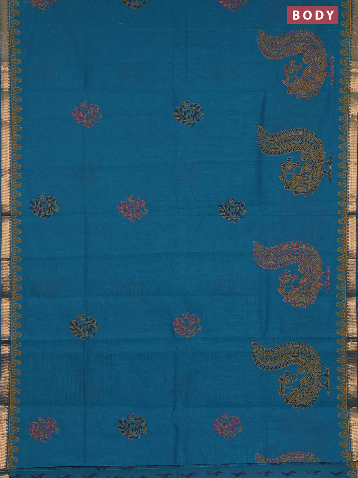Mangalagiri cotton block printed saree peacock green with annam butta prints and mangalgiri border - Image 2