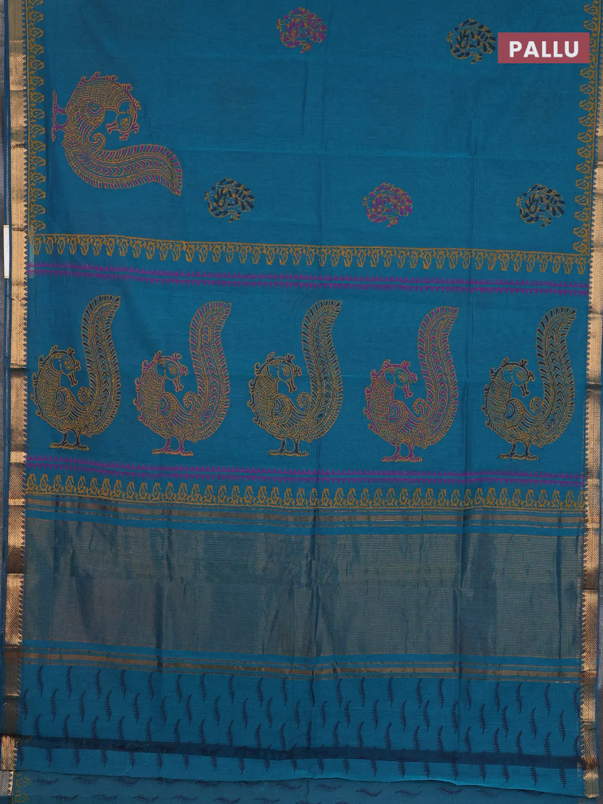 Mangalagiri cotton block printed saree peacock green with annam butta prints and mangalgiri border - Image 3