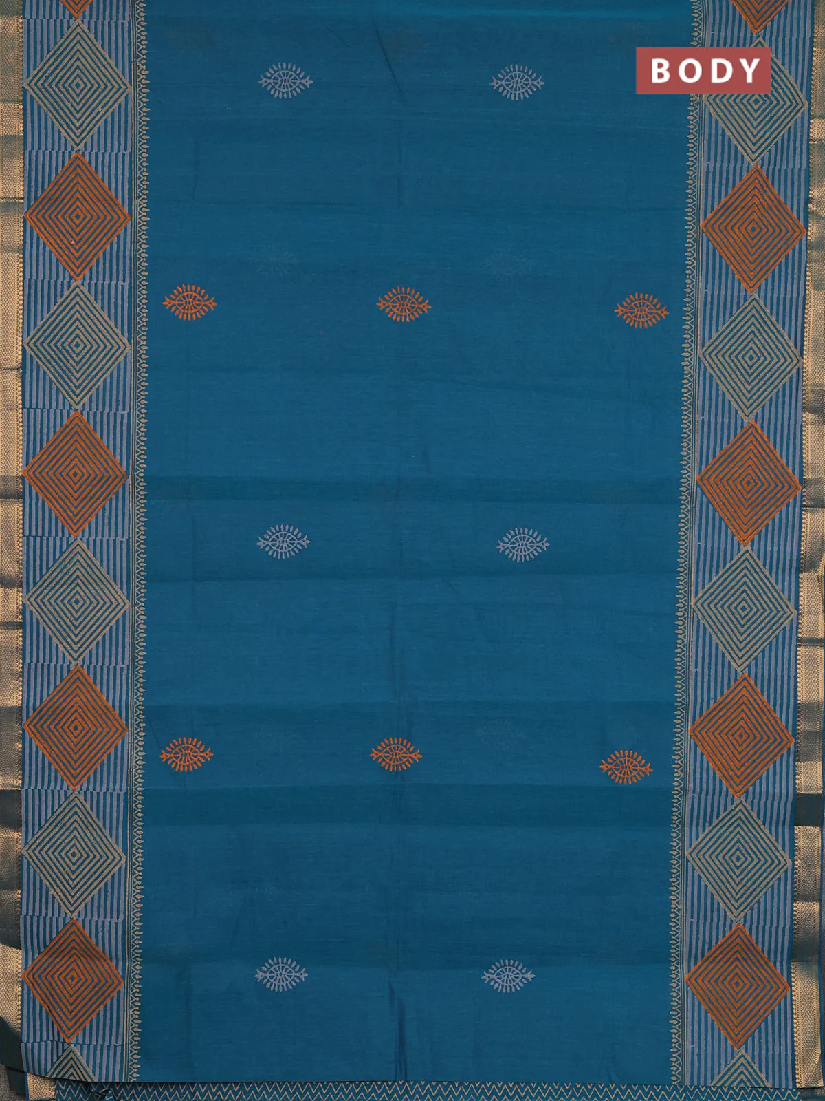 Mangalagiri cotton block printed saree peacock green with butta prints and mangalgiri border - Image 2
