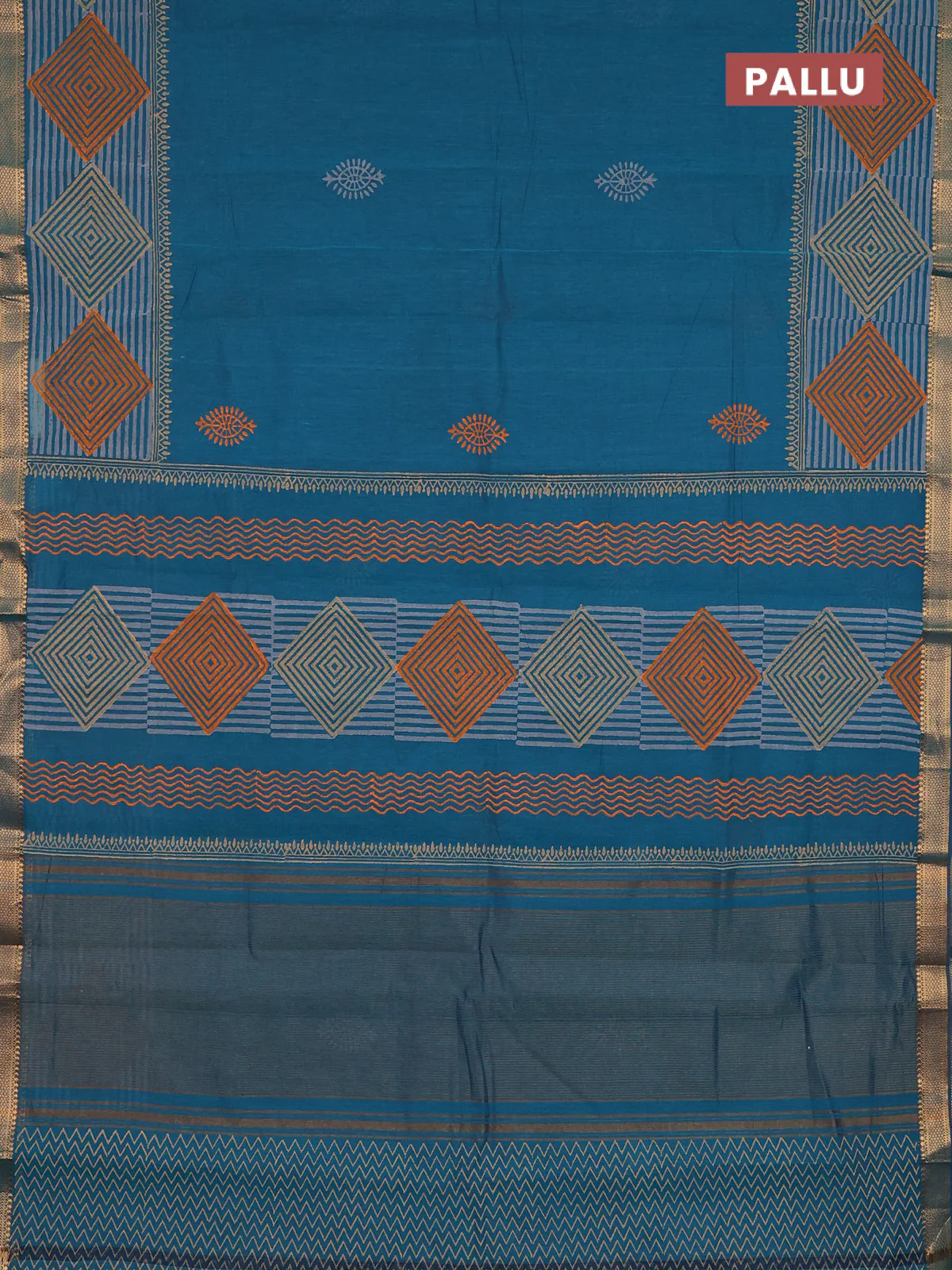 Mangalagiri cotton block printed saree peacock green with butta prints and mangalgiri border - Image 3
