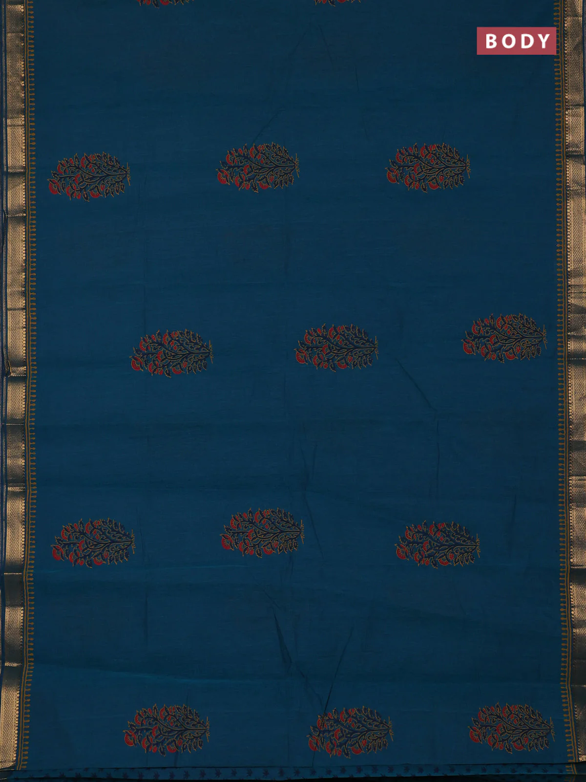 Mangalagiri cotton block printed saree peacock green with butta prints and mangalgiri border - Image 2