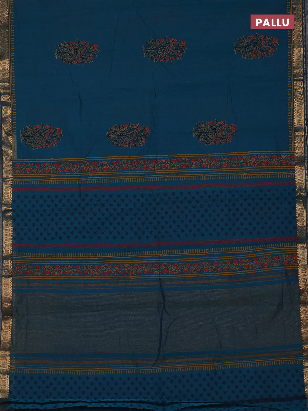 Mangalagiri cotton block printed saree peacock green with butta prints and mangalgiri border - Image 3