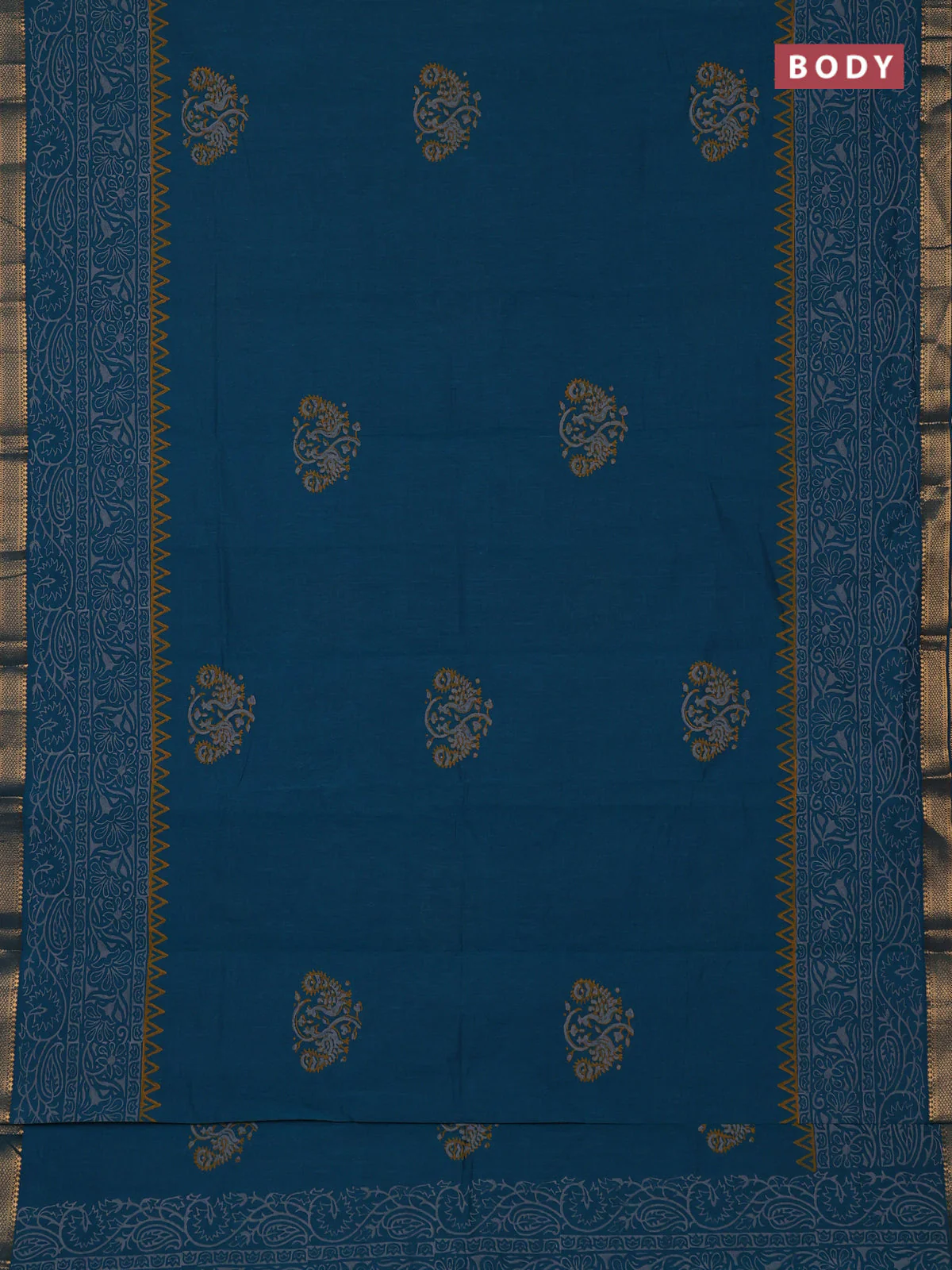 Mangalagiri cotton block printed saree peacock green with butta prints and mangalgiri border - Image 2