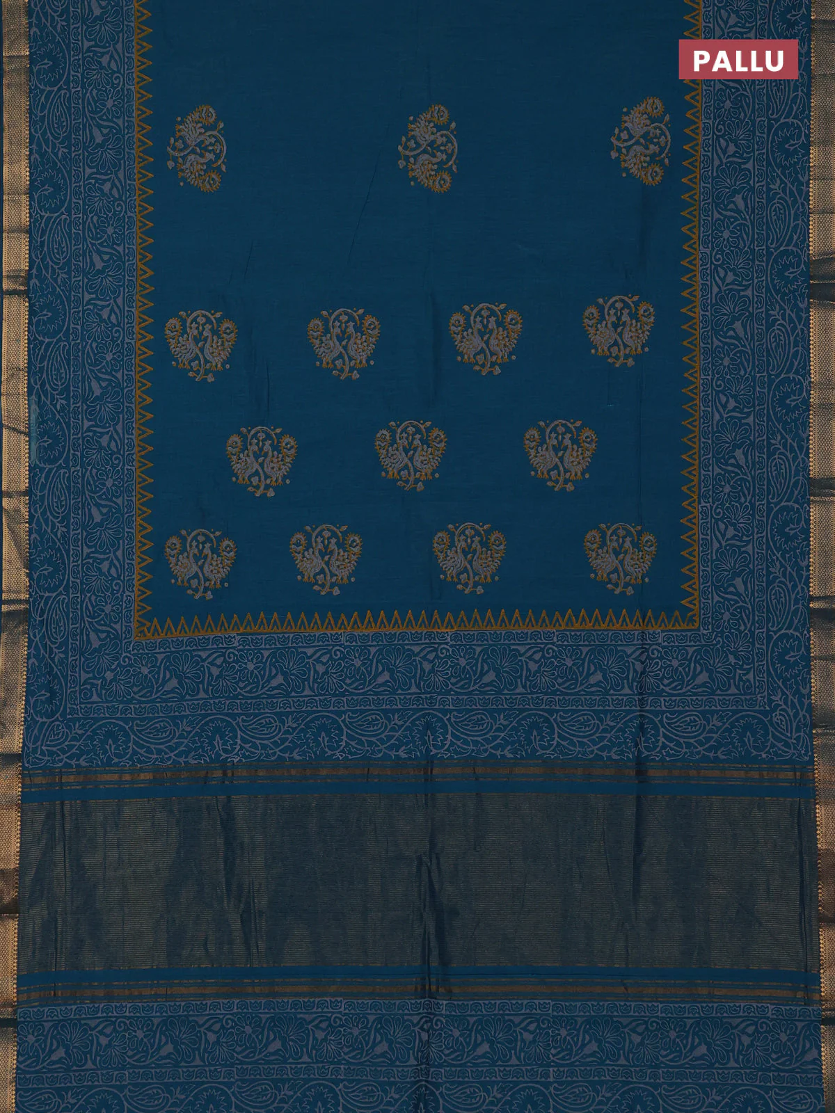 Mangalagiri cotton block printed saree peacock green with butta prints and mangalgiri border - Image 3