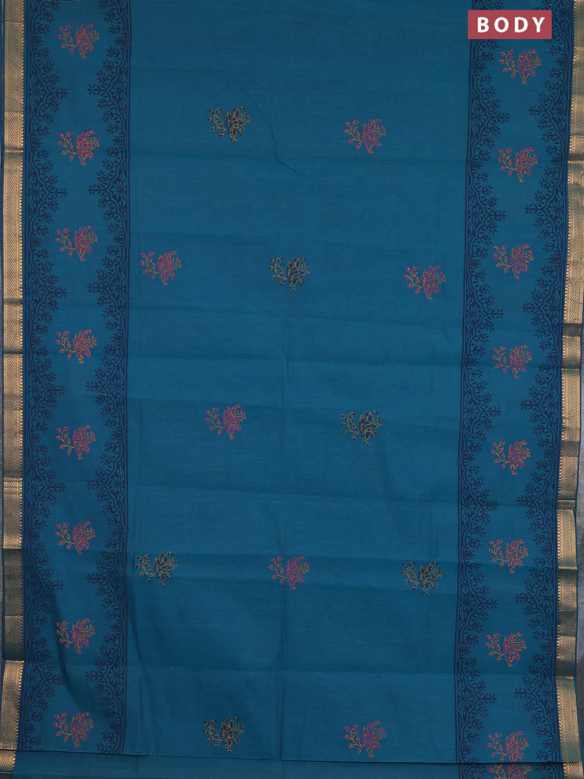 Mangalagiri cotton block printed saree peacock green with butta prints and mangalgiri border - Image 2