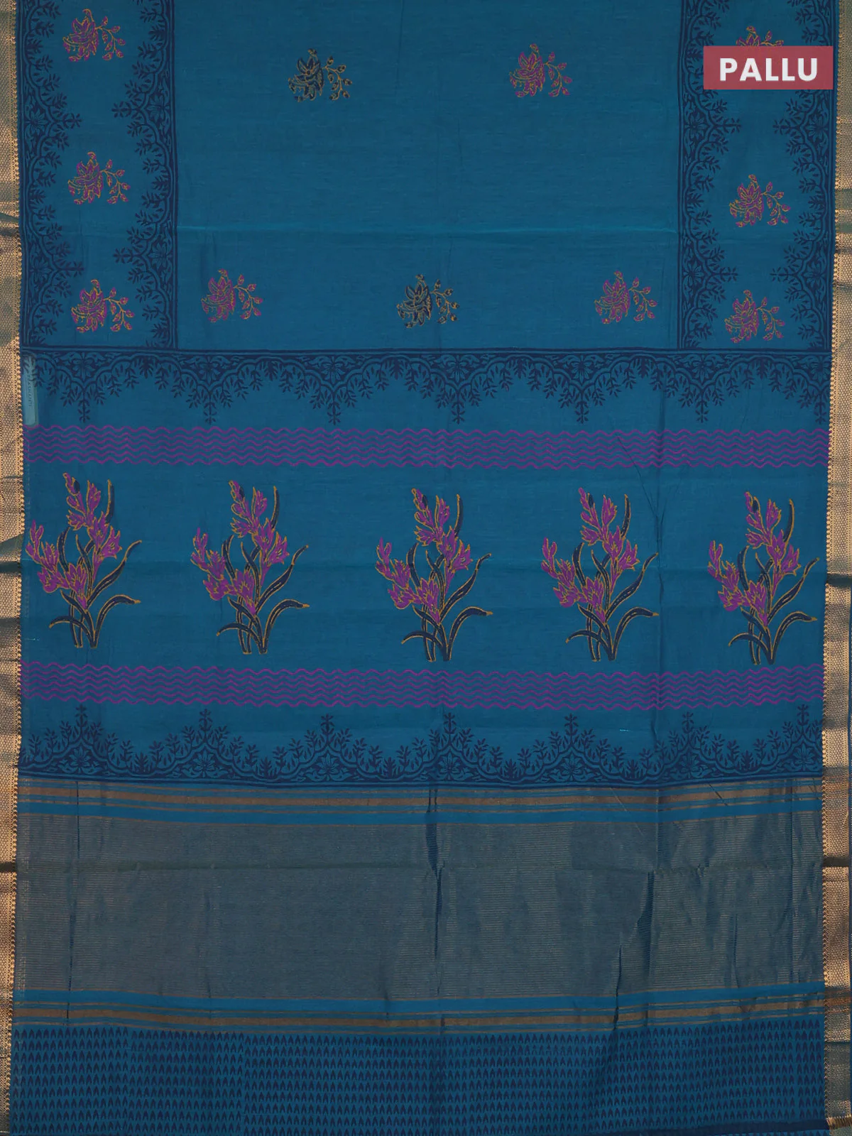 Mangalagiri cotton block printed saree peacock green with butta prints and mangalgiri border - Image 3