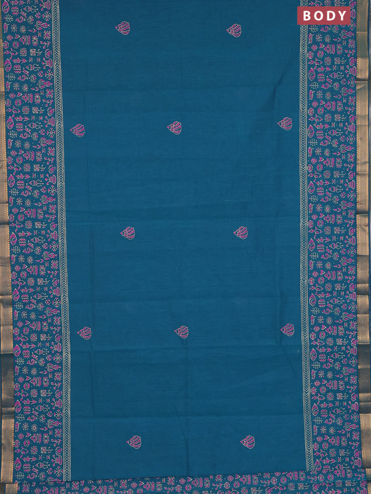 Mangalagiri cotton block printed saree peacock green with butta prints and mangalgiri border - Image 2