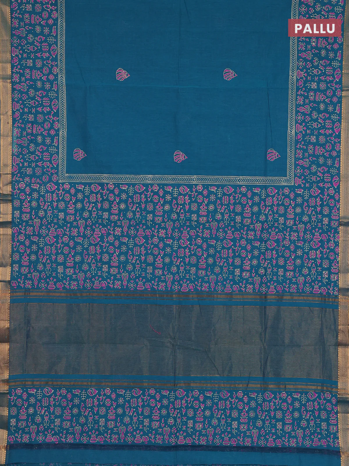 Mangalagiri cotton block printed saree peacock green with butta prints and mangalgiri border - Image 3