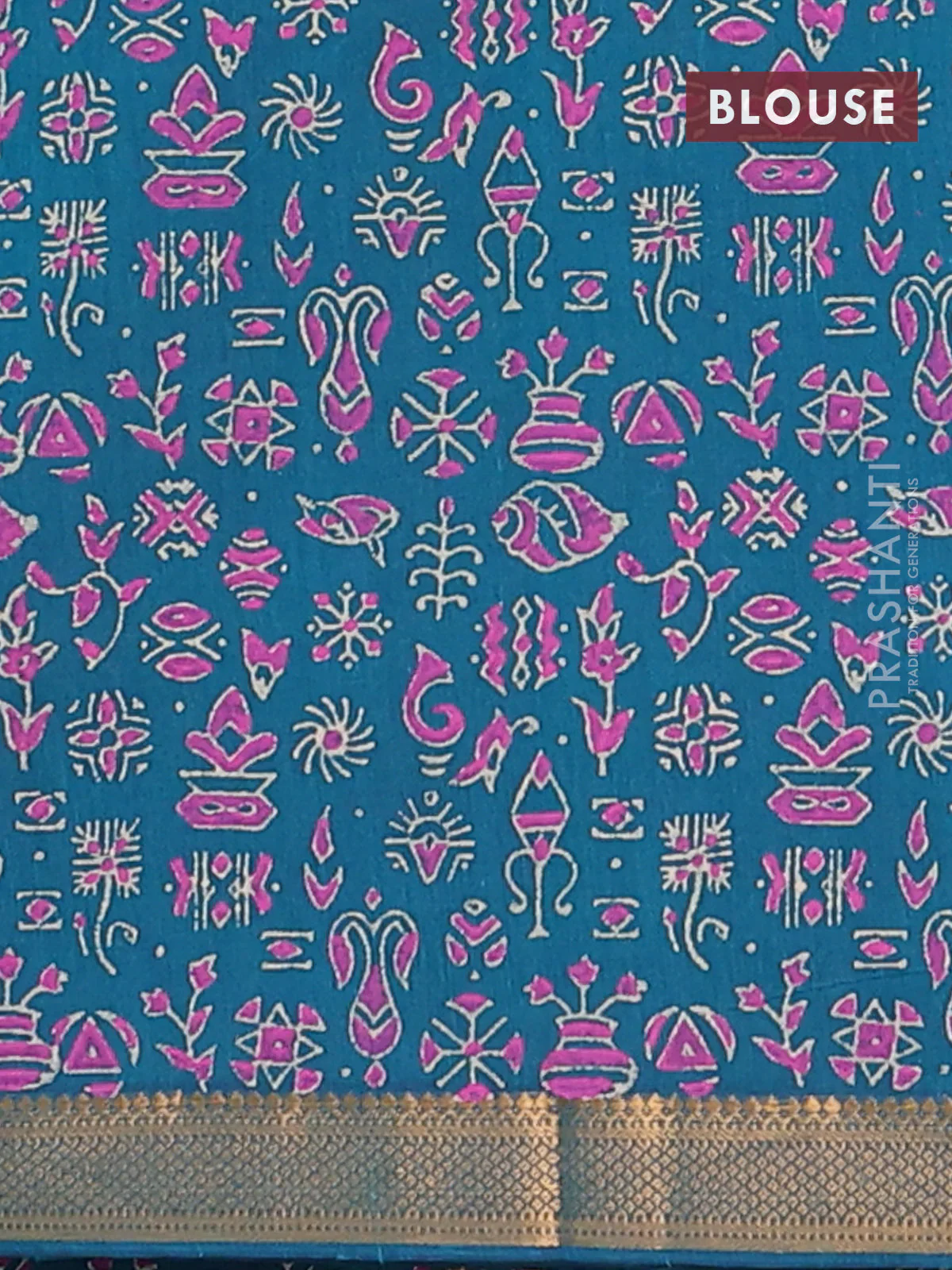 Mangalagiri cotton block printed saree peacock green with butta prints and mangalgiri border - Image 4