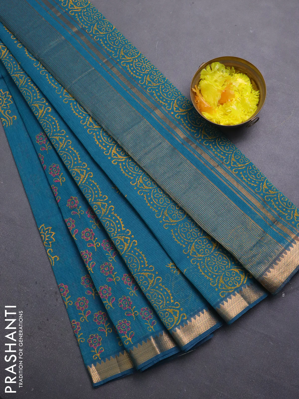 Mangalagiri cotton block printed saree peacock green with butta prints and mangalgiri border