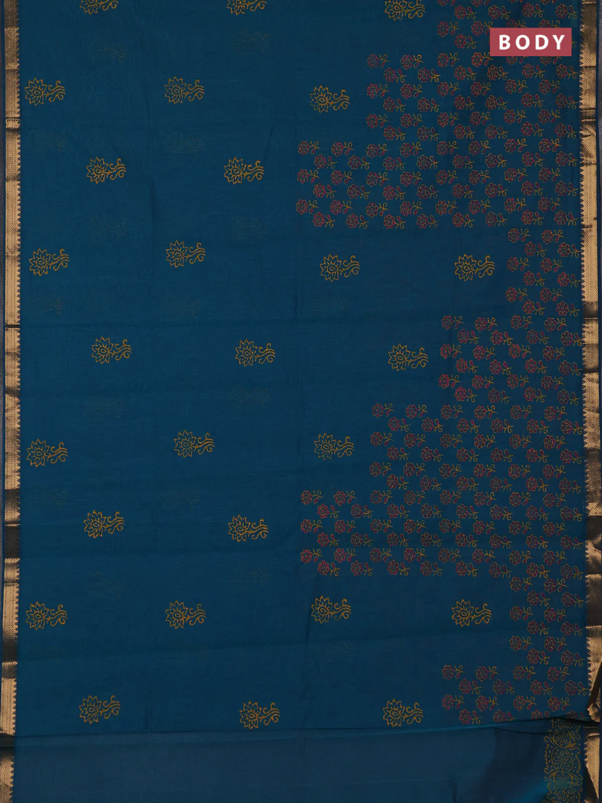 Mangalagiri cotton block printed saree peacock green with butta prints and mangalgiri border - Image 2
