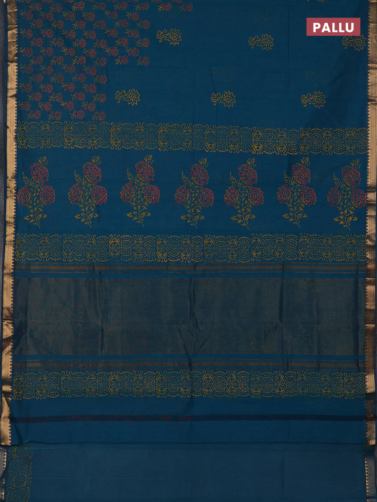 Mangalagiri cotton block printed saree peacock green with butta prints and mangalgiri border - Image 3