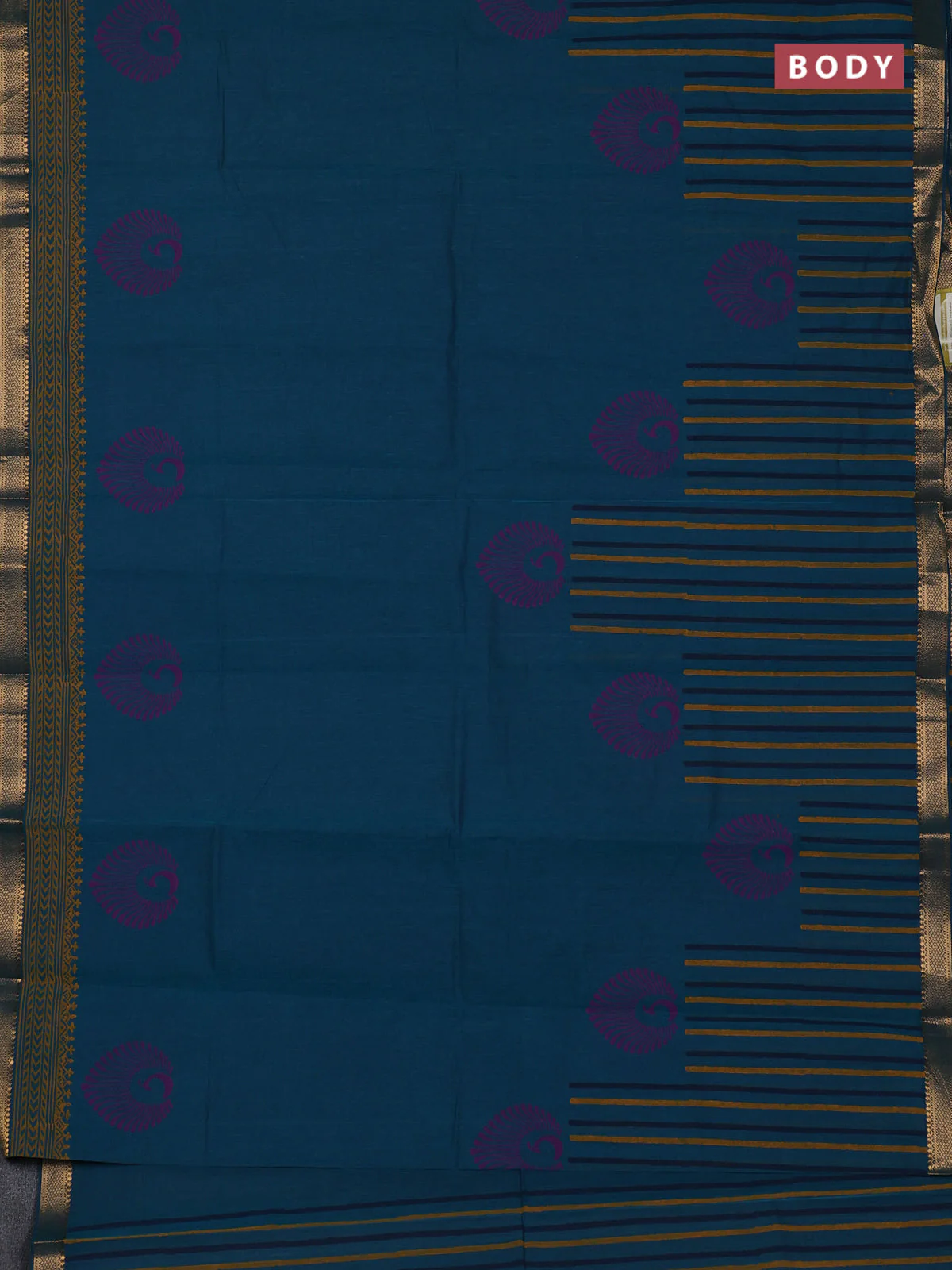 Mangalagiri cotton block printed saree peacock green with butta prints and mangalgiri border - Image 2