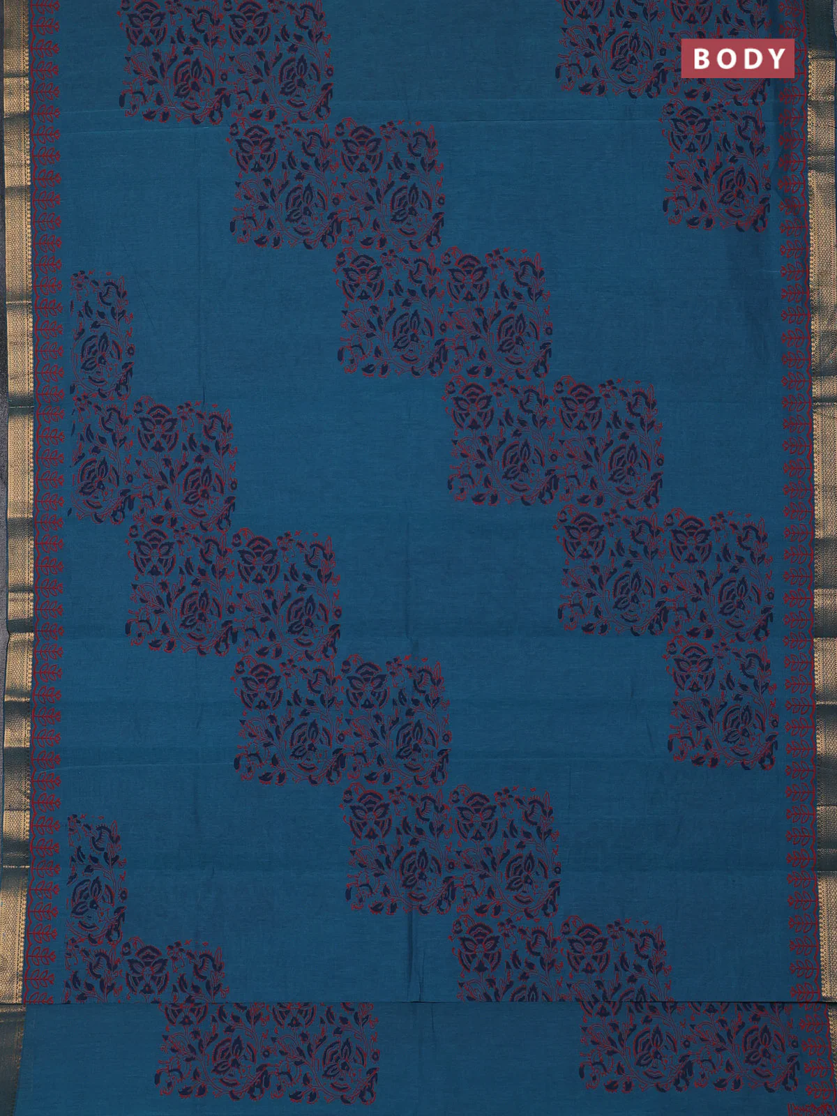 Mangalagiri cotton block printed saree peacock green with kalamkari prints and mangalgiri border - Image 2