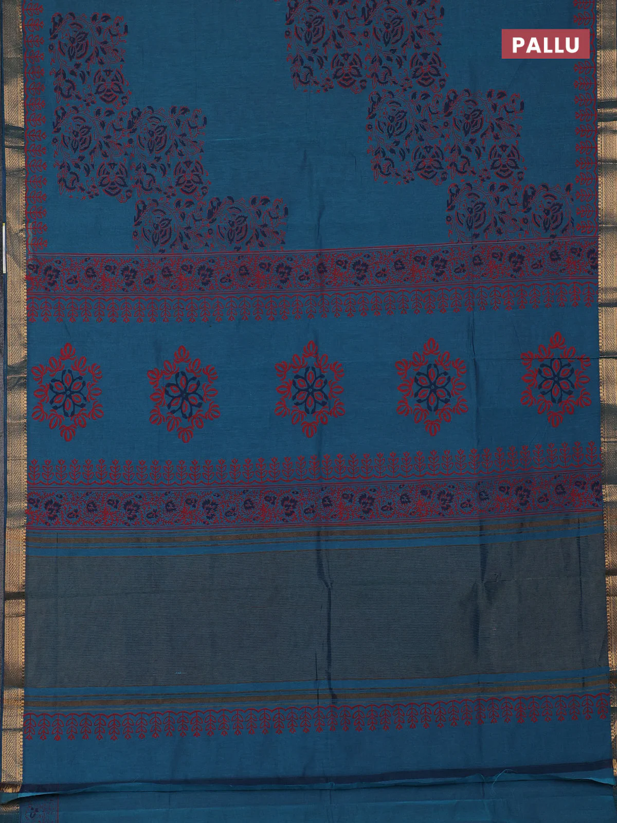 Mangalagiri cotton block printed saree peacock green with kalamkari prints and mangalgiri border - Image 3