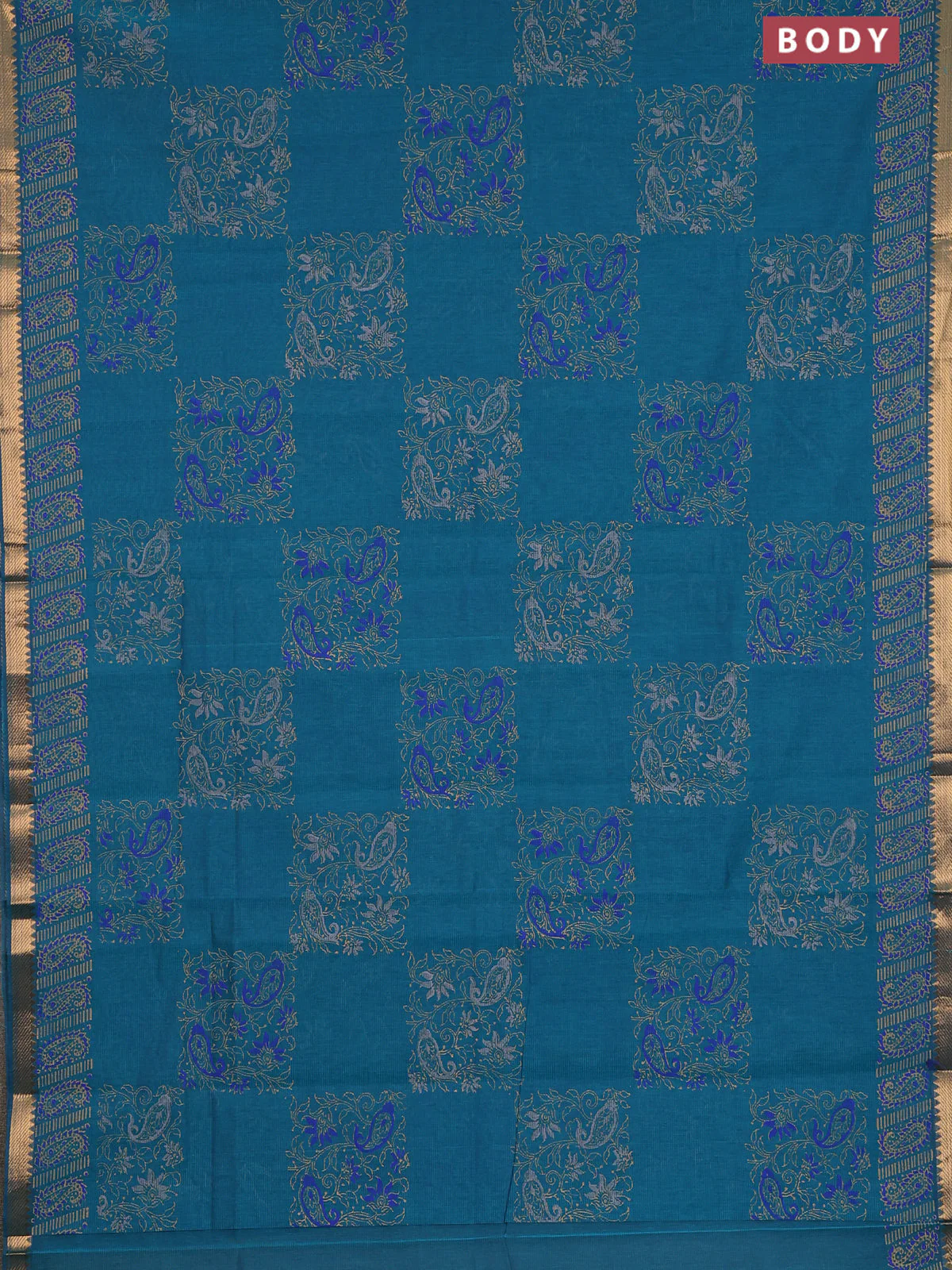 Mangalagiri cotton block printed saree peacock green with prints and mangalgiri border - Image 2