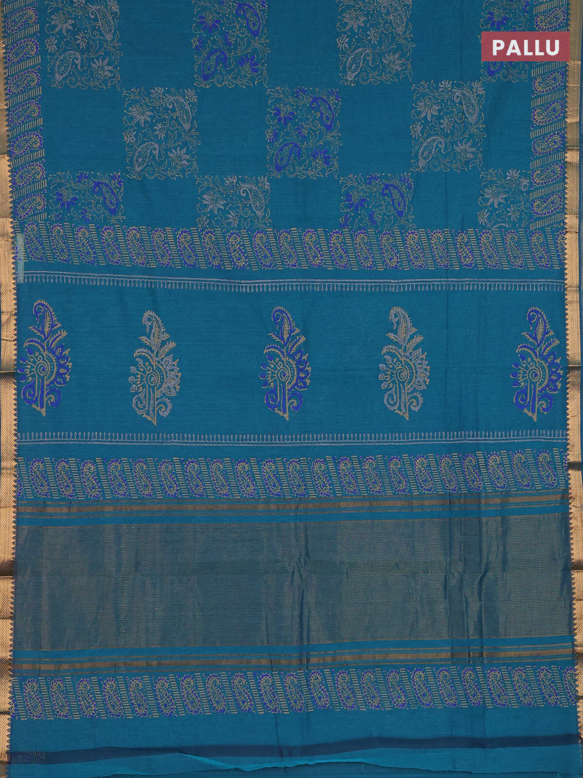 Mangalagiri cotton block printed saree peacock green with prints and mangalgiri border - Image 3