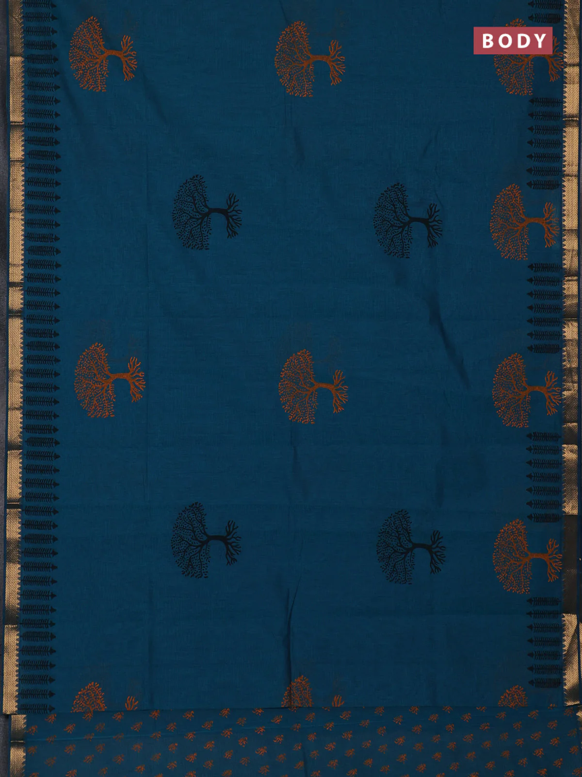 Mangalagiri cotton block printed saree peacock green with tree butta prints and mangalgiri border - Image 2